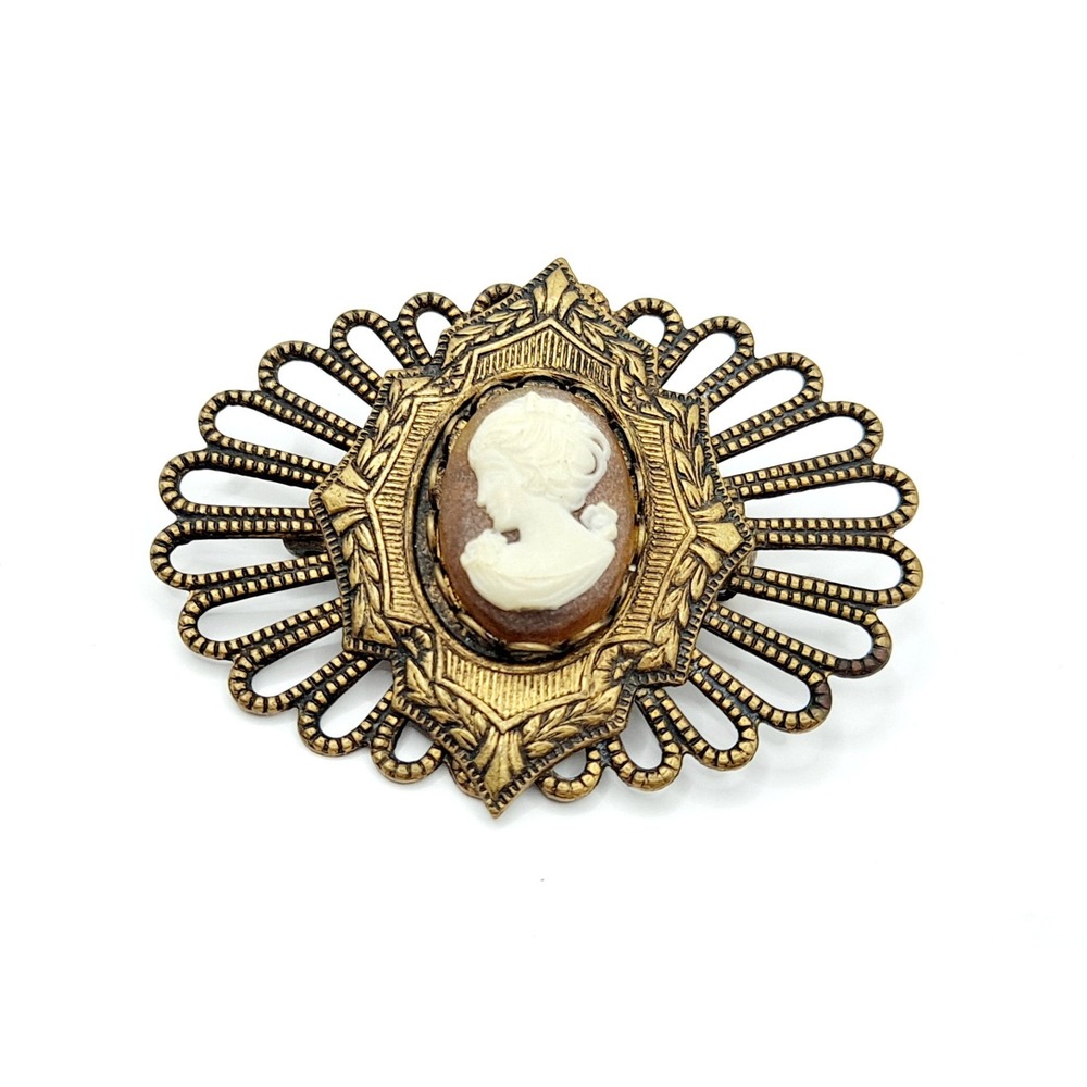 Vintage Cameo Brooch: Victorian Revival Goldtone Leaf Brooch